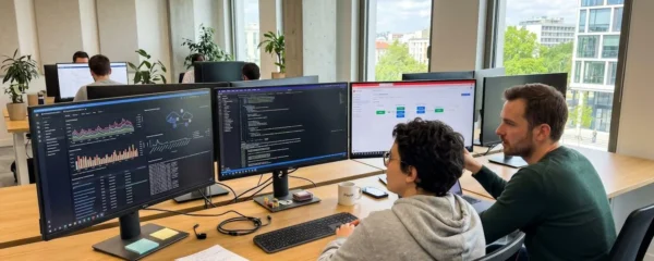 Deux développeurs discutent devant plusieurs écrans affichant des tableaux de bord Kubernetes et des pipelines de déploiement dans un bureau lumineux