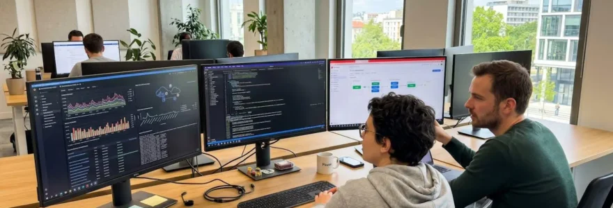 Deux développeurs discutent devant plusieurs écrans affichant des tableaux de bord Kubernetes et des pipelines de déploiement dans un bureau lumineux
