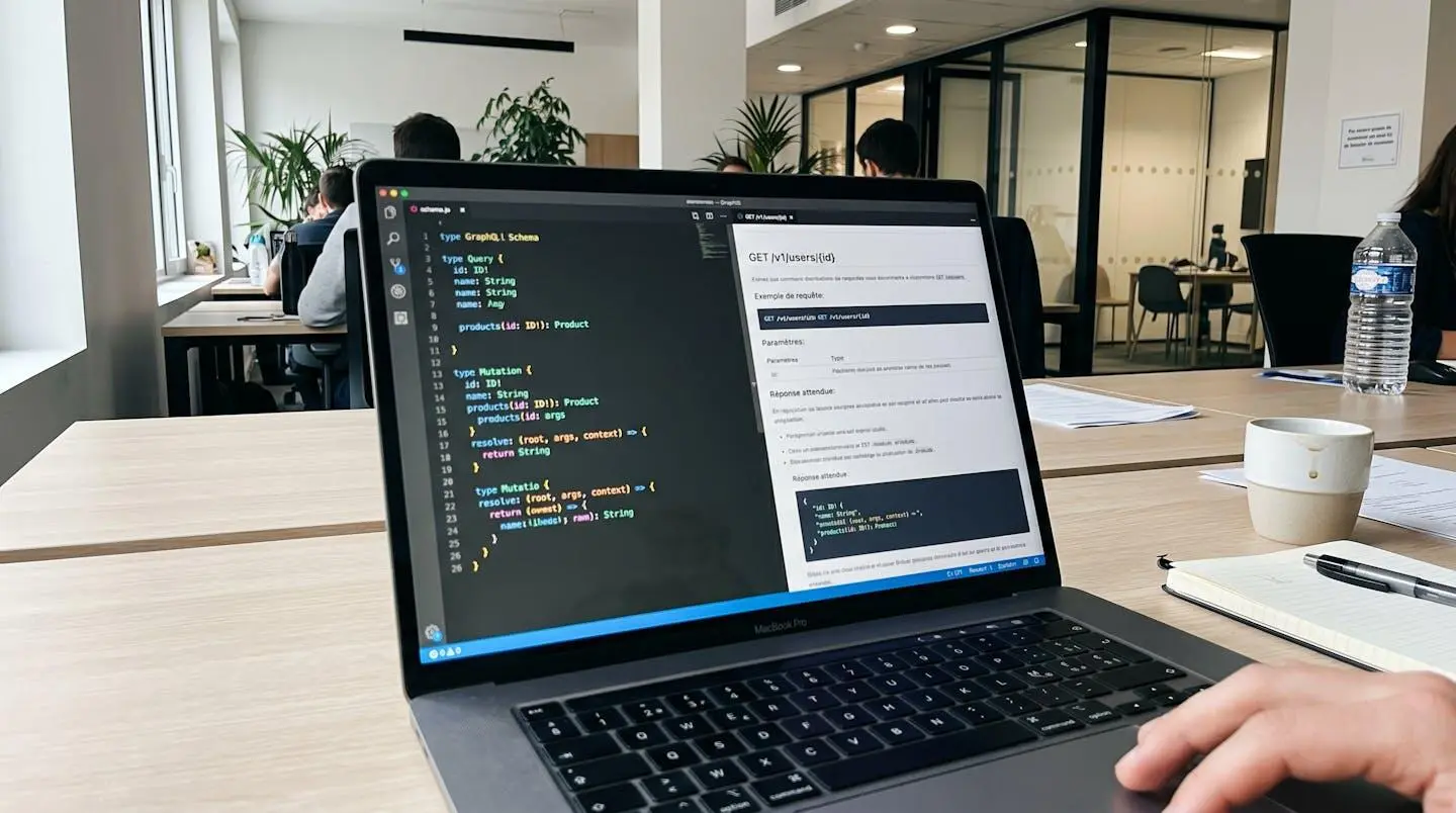 Gros plan sur un écran d'ordinateur portable affichant du code de définition d'API GraphQL et REST côte à côte