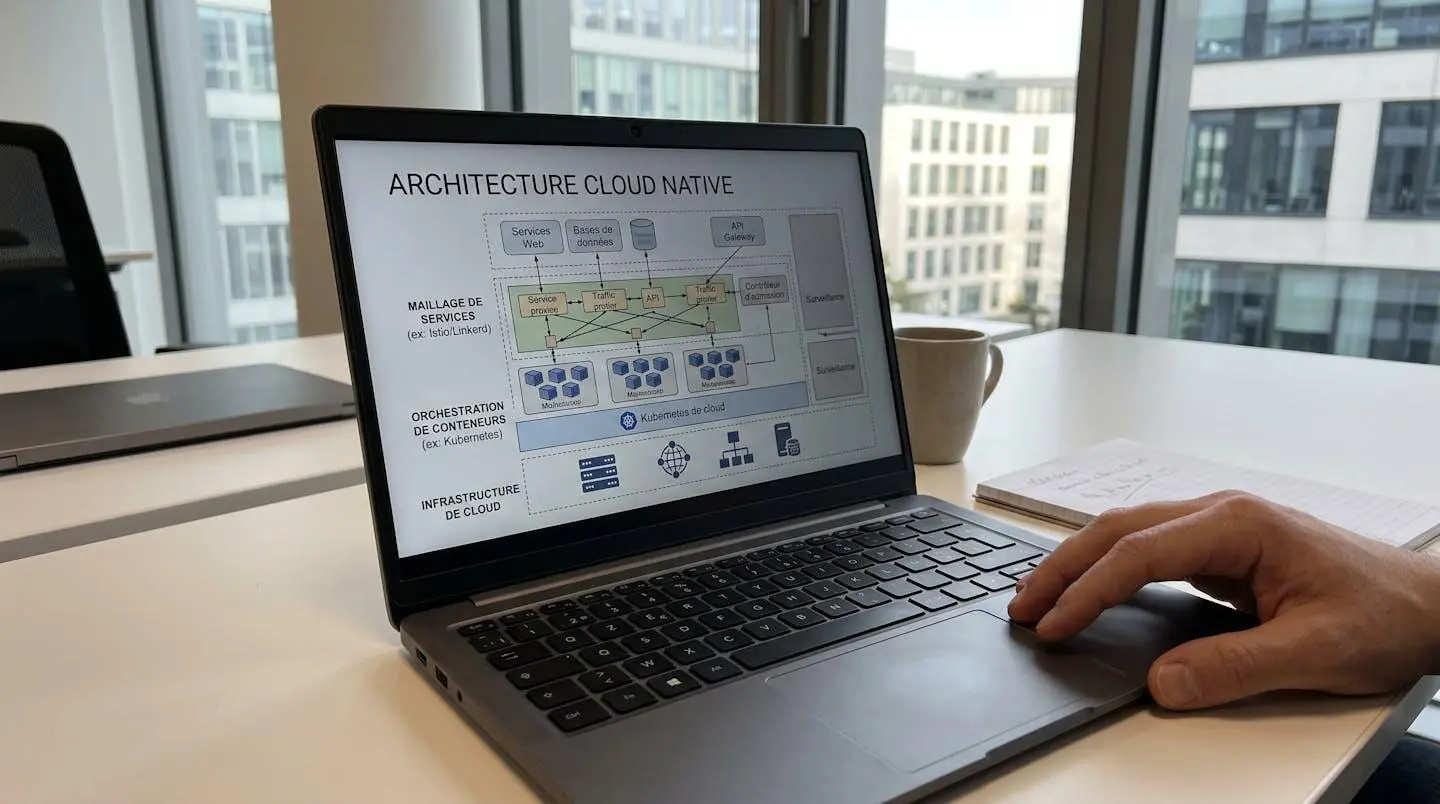 Diagramme technique simplifié montrant l'architecture cloud native avec des conteneurs Docker reliés par un orchestrateur Kubernetes