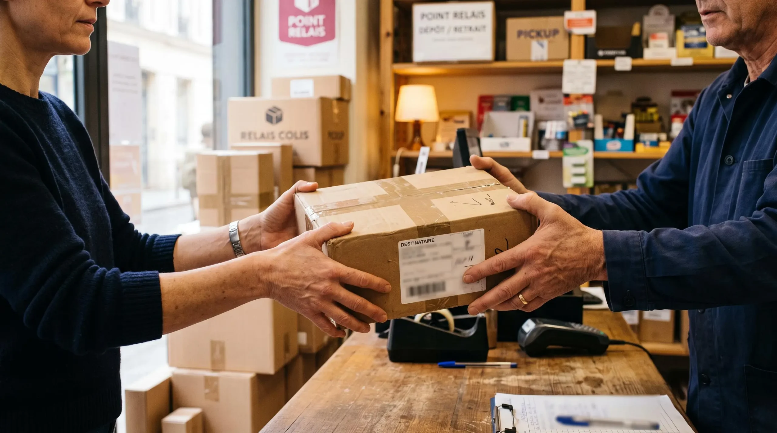 Un e-commerçant dépose un colis préparé au comptoir d'un point relais pour l'expédier à son client.