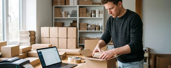 Un entrepreneur prépare des commandes dans des cartons pour son activité de micro-commerce en ligne, à son domicile.