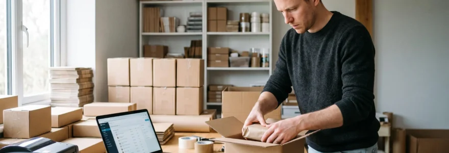 Un entrepreneur prépare des commandes dans des cartons pour son activité de micro-commerce en ligne, à son domicile.