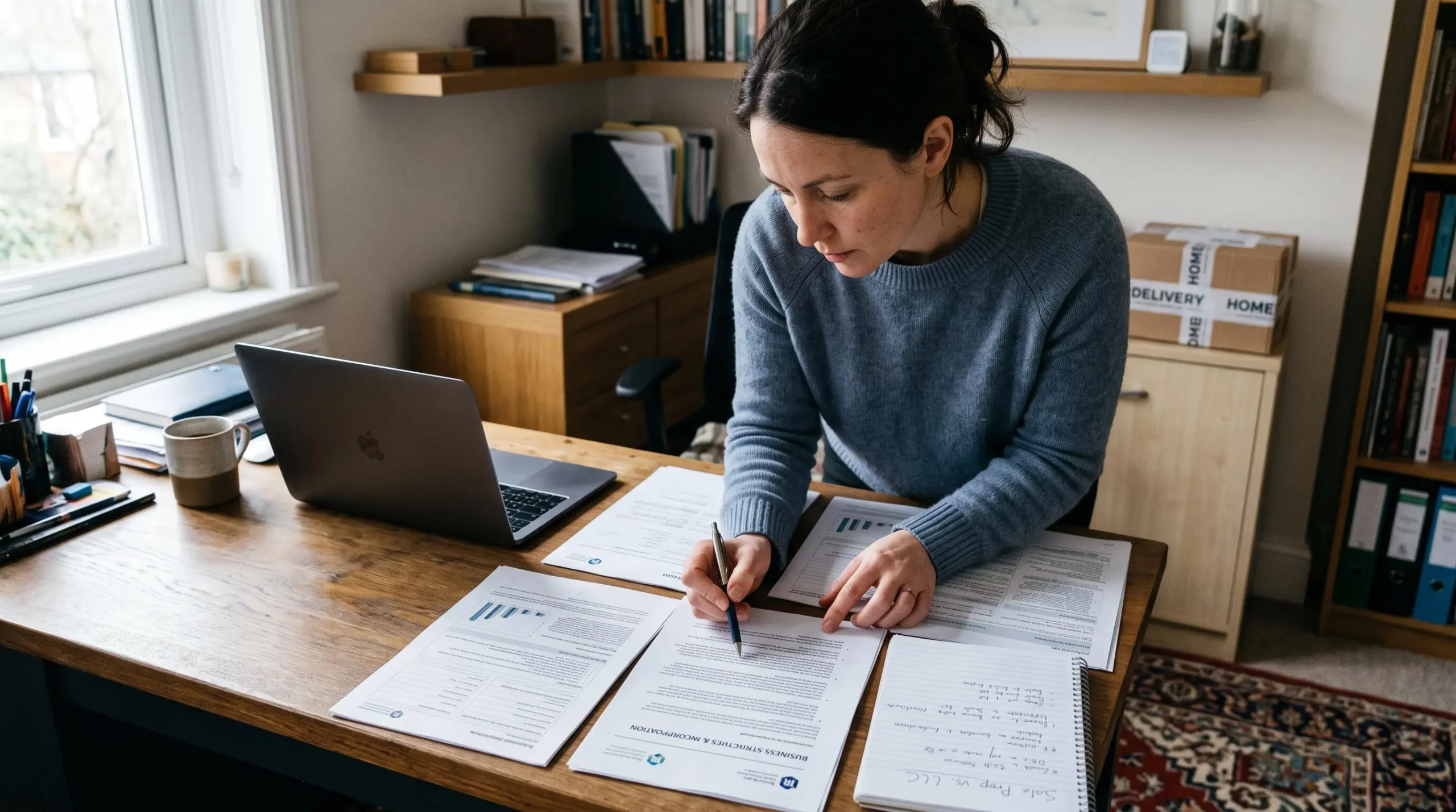 Une entrepreneuse compare des documents officiels et ses notes pour choisir un statut juridique adapté à son projet.